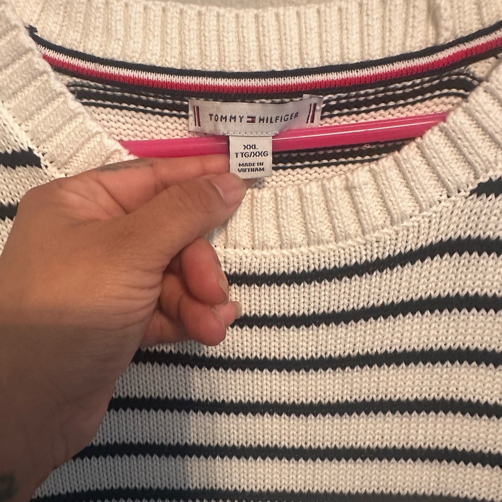 Tommy Hilfiger Blue and White Crew Neck Sweater